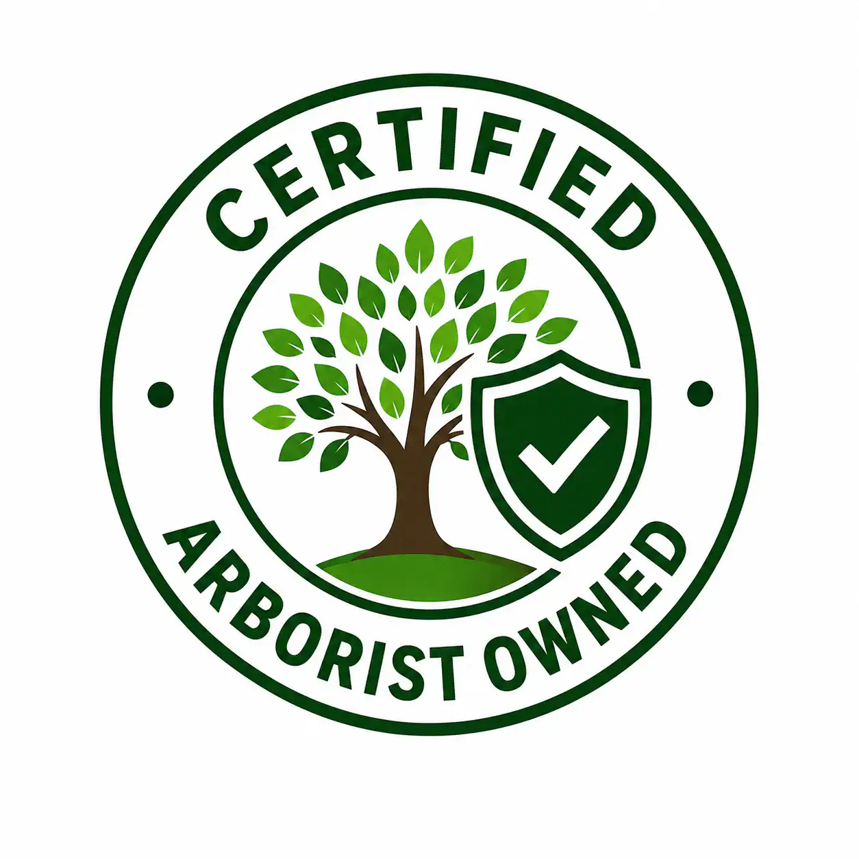 A green badge displays a tree, shield, and checkmark with "Certified Arborist Owned MO Tree Services.
