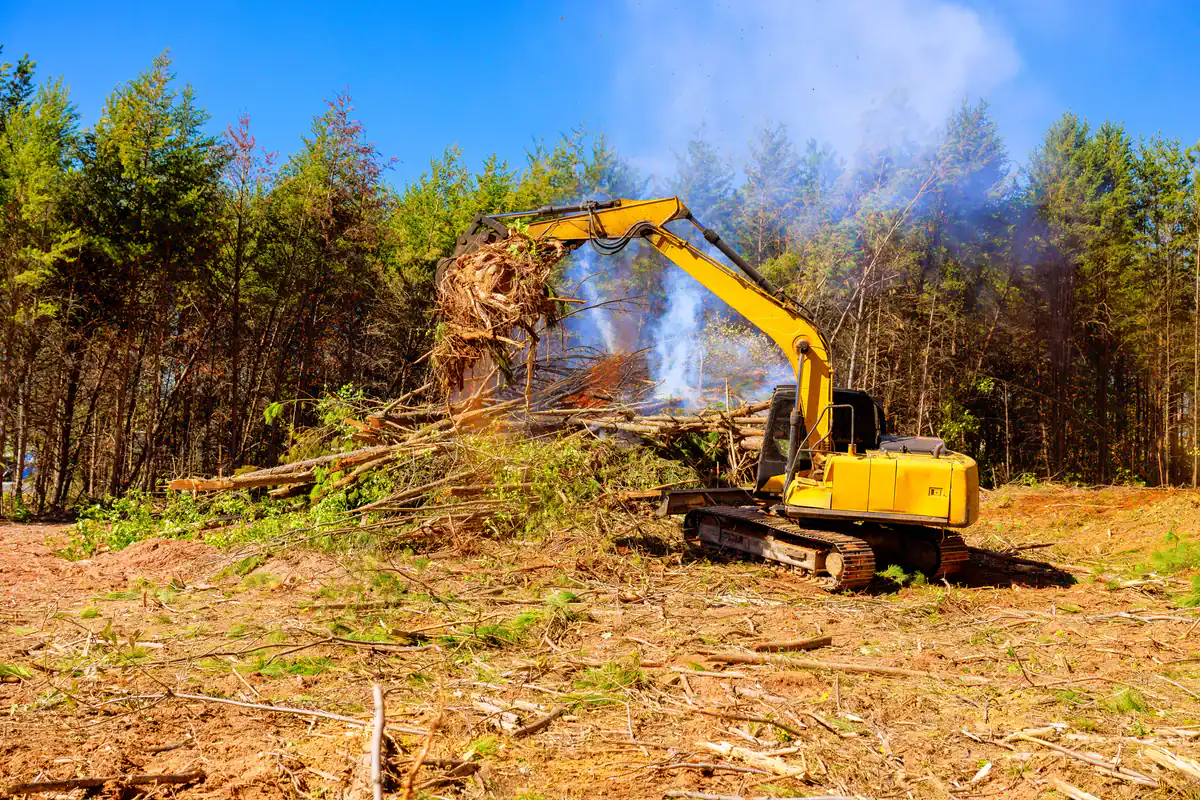 A yellow excavator lifts debris as smoke rises during Tree Services in the Kansas City Metropolitan Area.
